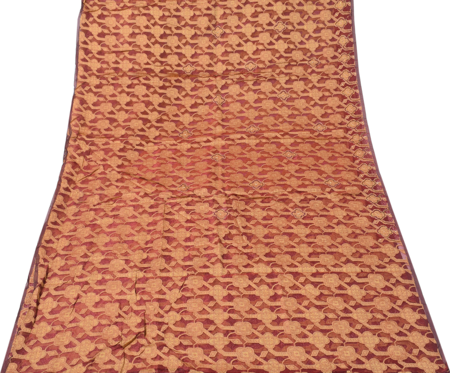Sushila Vintage Maroon Saree Pure Organza Floral Woven Beads Embellish 5 YD Sari Fabric