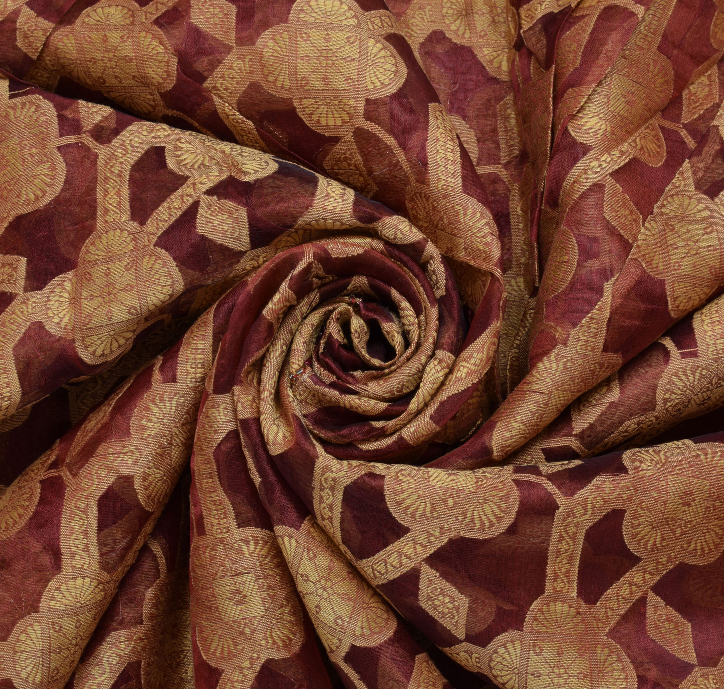 Sushila Vintage Maroon Saree Pure Organza Floral Woven Beads Embellish 5 YD Sari Fabric
