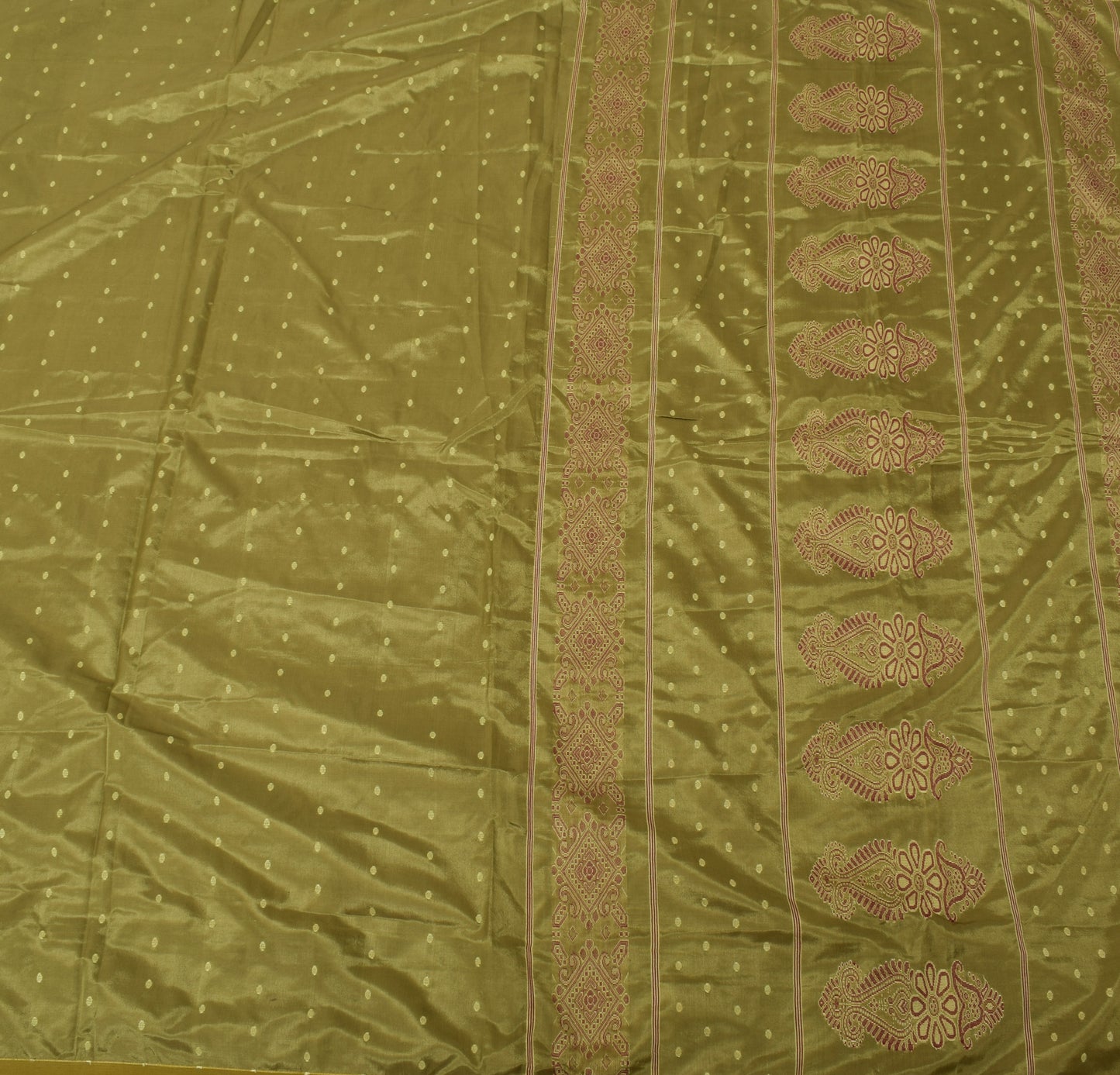 Sushila Vintage Green Saree Pure Silk Handwoven Paisley Indian Sari Craft Fabric