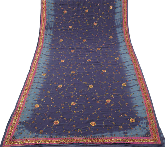 Sushila Vintage HEAVY Gray Sari Art Georgette Silk Hand Beaded Embroidery Fabric