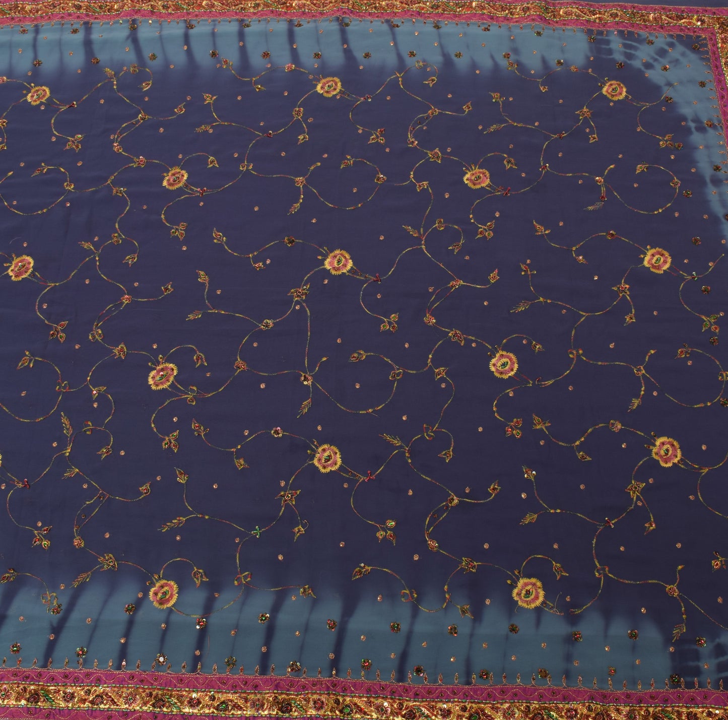Sushila Vintage HEAVY Gray Sari Art Georgette Silk Hand Beaded Embroidery Fabric
