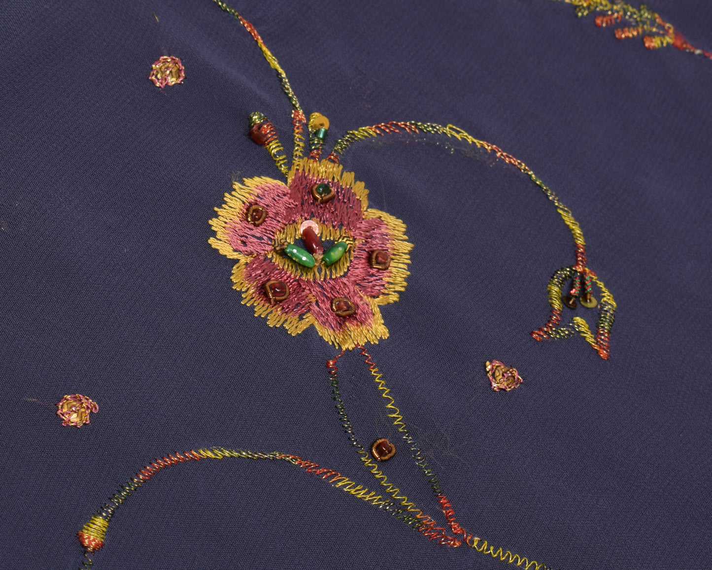 Sushila Vintage HEAVY Gray Sari Art Georgette Silk Hand Beaded Embroidery Fabric