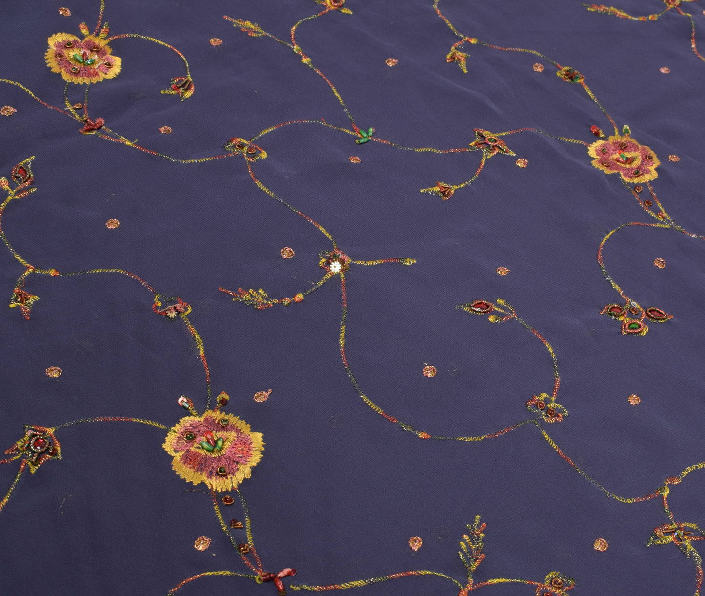Sushila Vintage HEAVY Gray Sari Art Georgette Silk Hand Beaded Embroidery Fabric