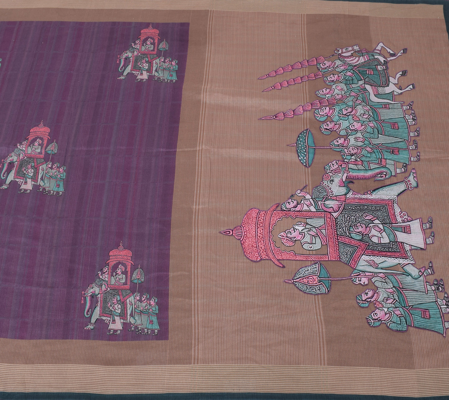 Sushila Vintage Purple Saree Blend Silk Printed Elephant & Human Sari Fabric