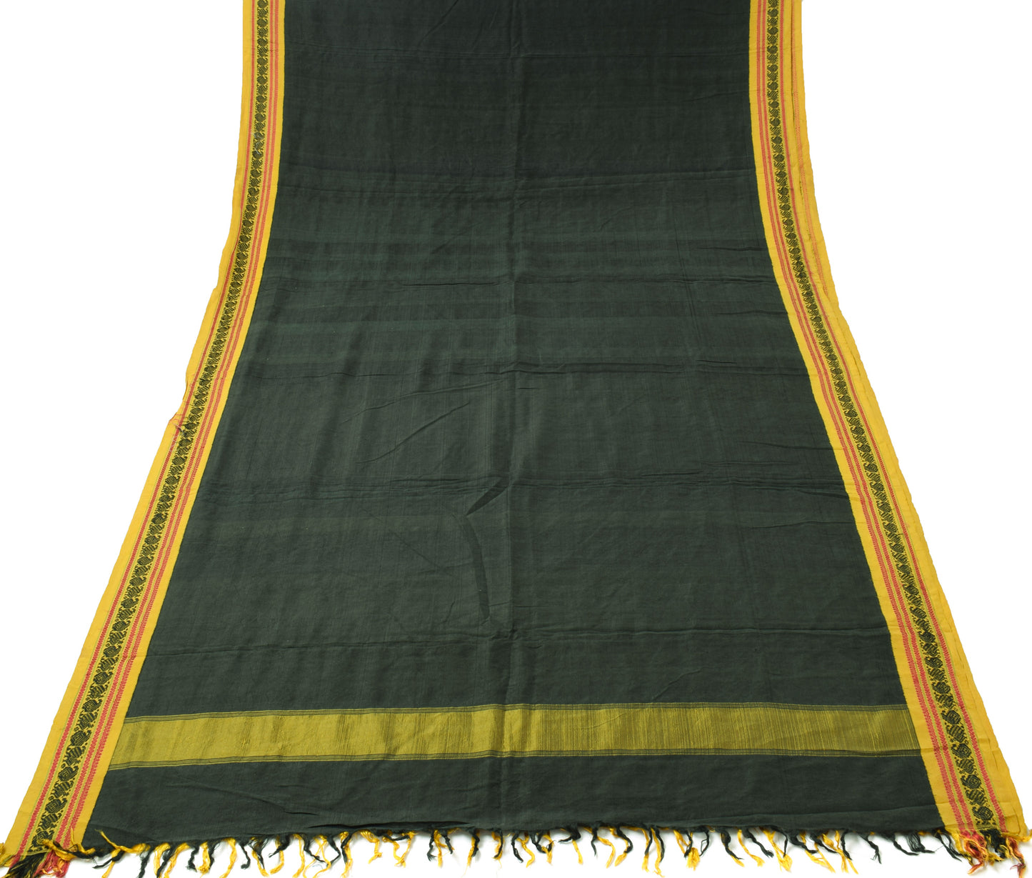 Sushila Vintage Black Saree Handwoven Peacock Border Pallu Pure Silk Sari Fabric