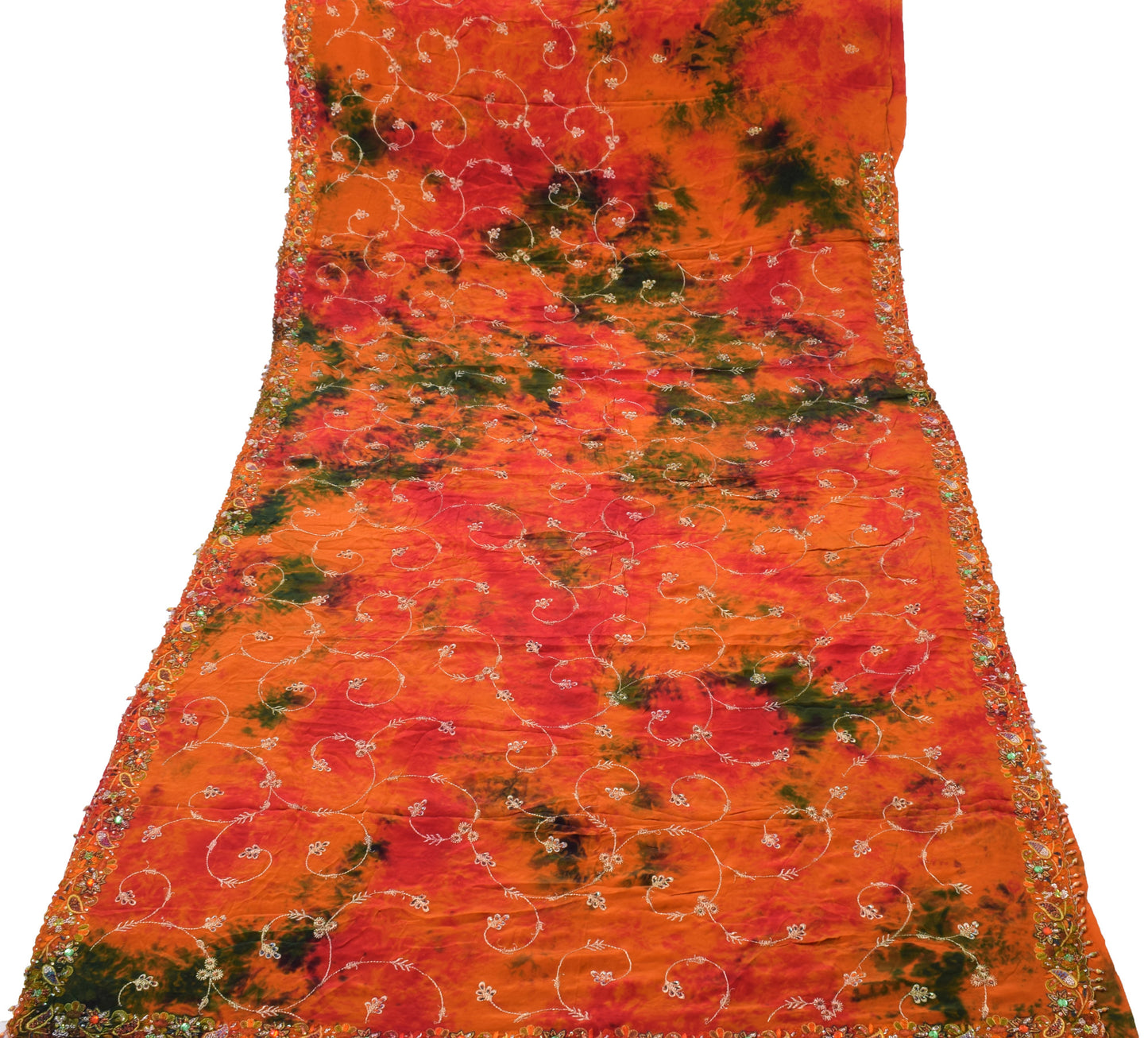Sushila Vintage Orange Tie-Dye Pure Crepe Silk Hand Embroidery HEAVY Sari Fabric