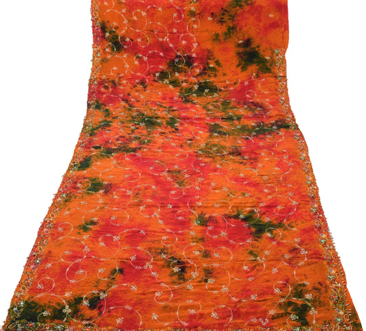 Sushila Vintage Orange Tie-Dye Pure Crepe Silk Hand Embroidery HEAVY Sari Fabric