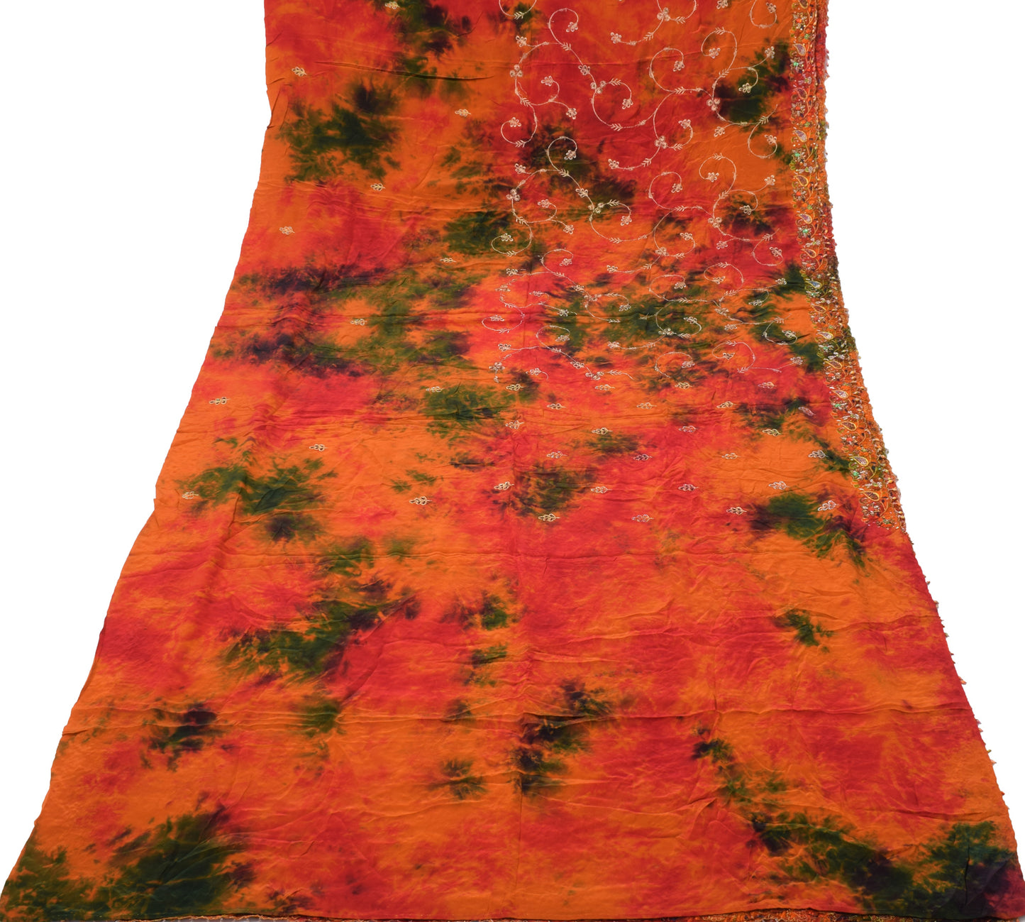 Sushila Vintage Orange Tie-Dye Pure Crepe Silk Hand Embroidery HEAVY Sari Fabric