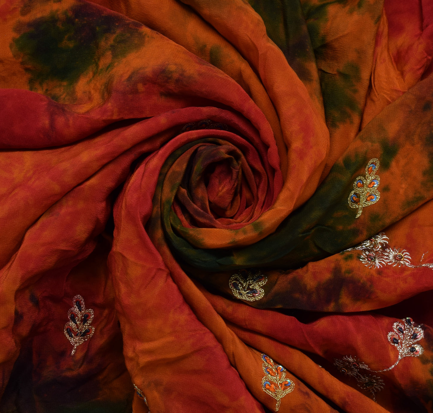 Sushila Vintage Orange Tie-Dye Pure Crepe Silk Hand Embroidery HEAVY Sari Fabric