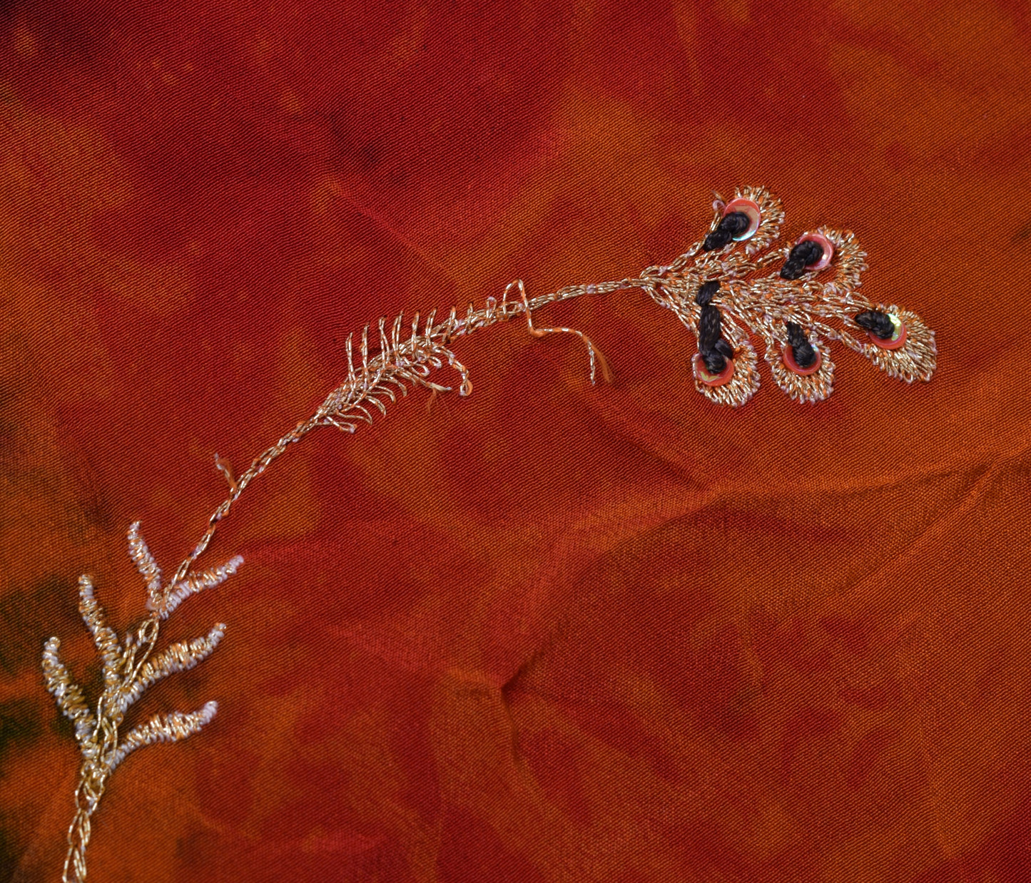 Sushila Vintage Orange Tie-Dye Pure Crepe Silk Hand Embroidery HEAVY Sari Fabric