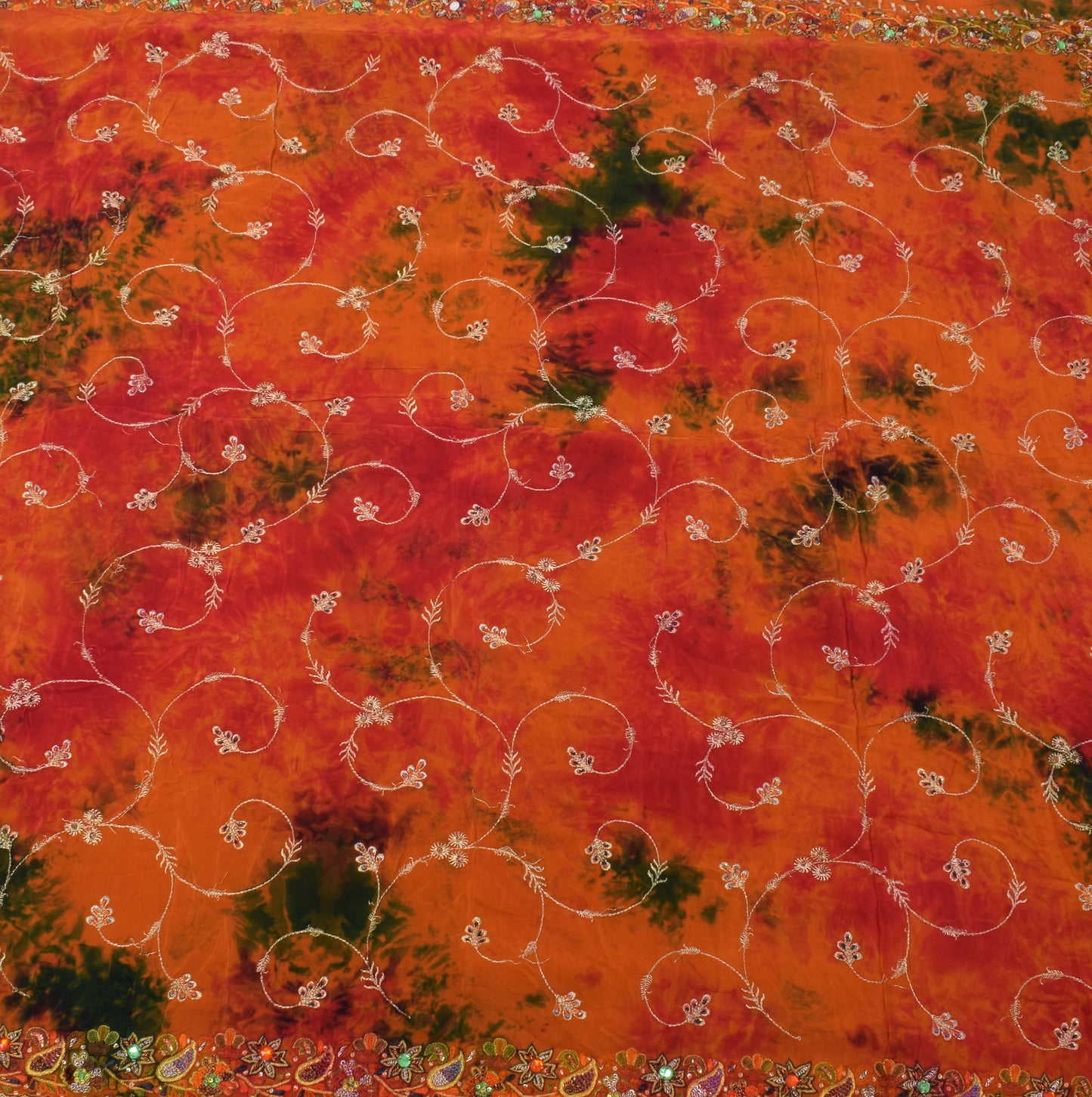 Sushila Vintage Orange Tie-Dye Pure Crepe Silk Hand Embroidery HEAVY Sari Fabric
