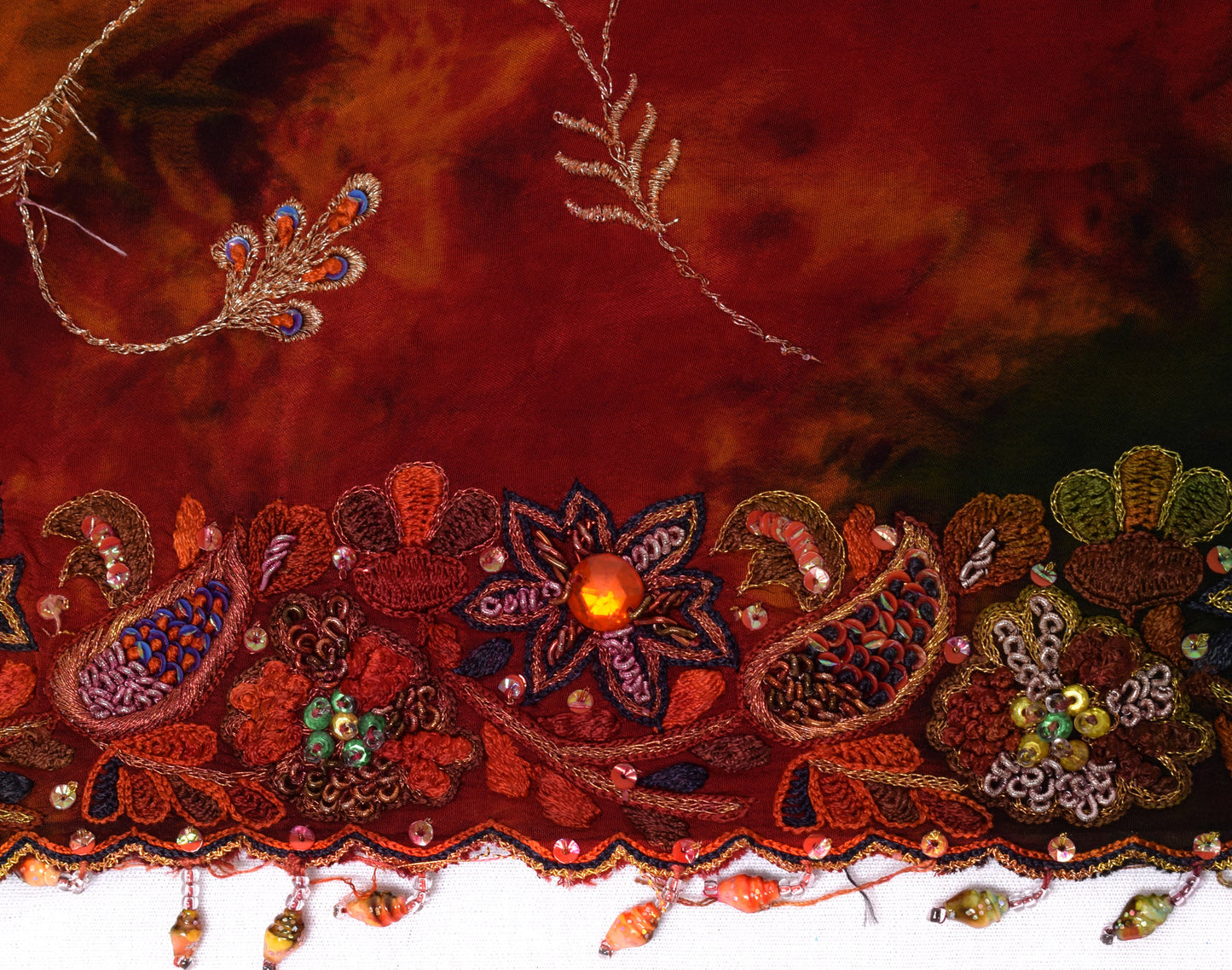 Sushila Vintage Orange Tie-Dye Pure Crepe Silk Hand Embroidery HEAVY Sari Fabric