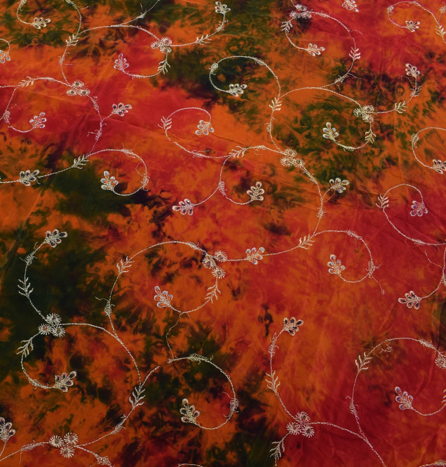 Sushila Vintage Orange Tie-Dye Pure Crepe Silk Hand Embroidery HEAVY Sari Fabric