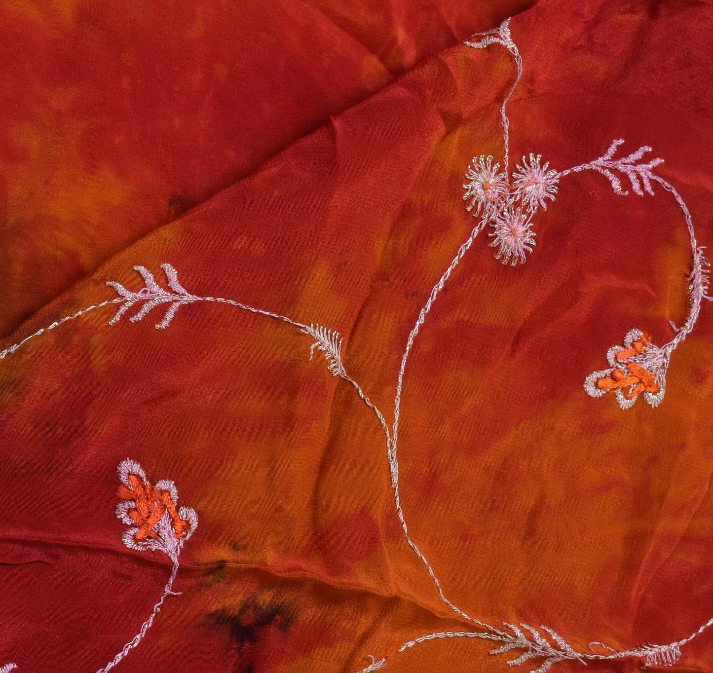 Sushila Vintage Orange Tie-Dye Pure Crepe Silk Hand Embroidery HEAVY Sari Fabric