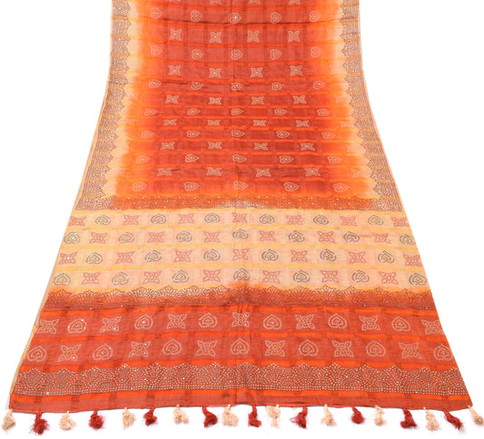 Sushila Vintage Rust Saree Pure Silk Mirror Work Printed Bandhani Sari Fabric