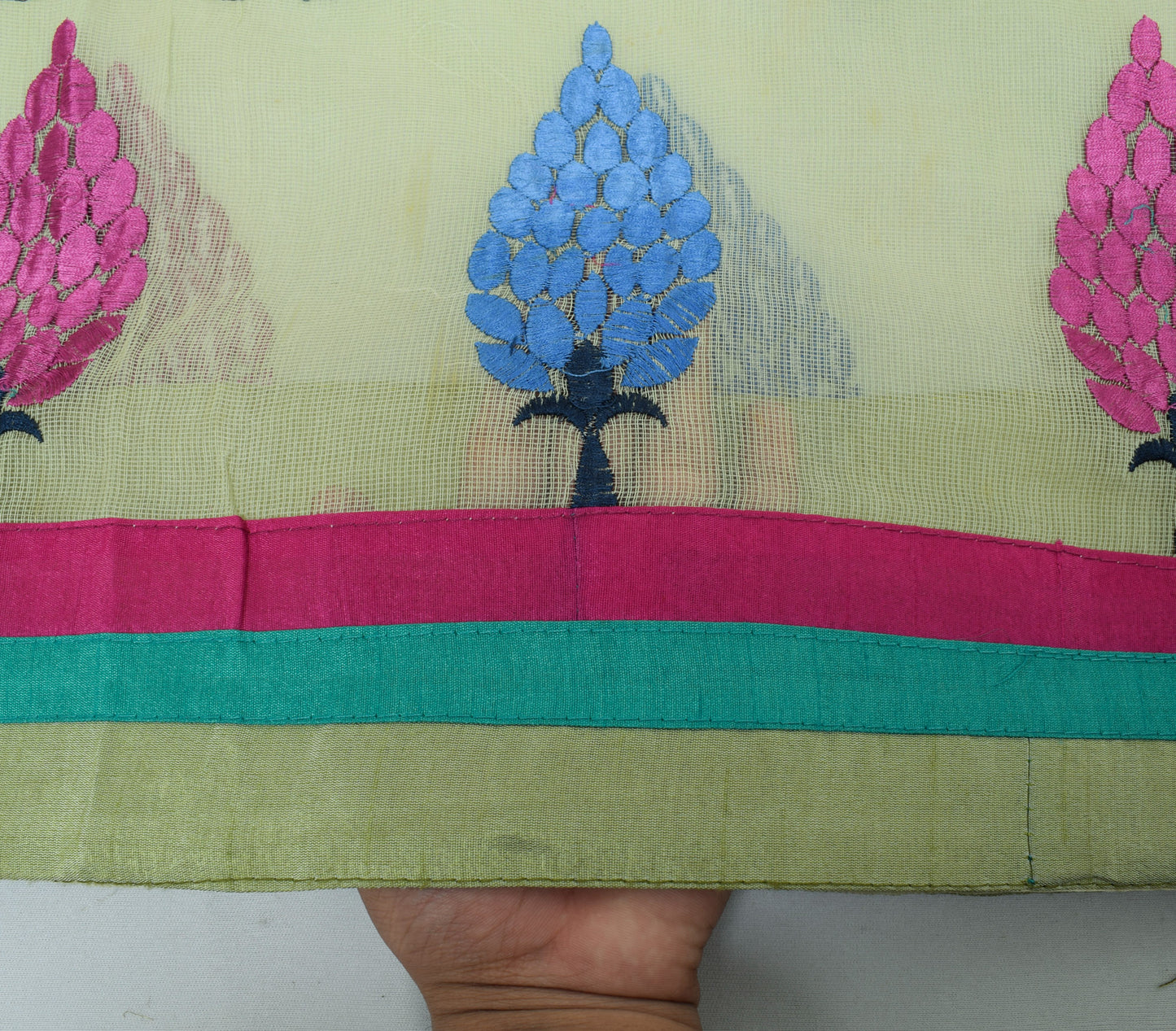 Sushila Vintage Light Green Saree Pure Cotton Kota Doria Embroidered Sari Fabric
