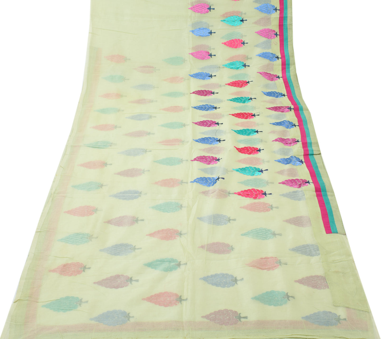 Sushila Vintage Light Green Saree Pure Cotton Kota Doria Embroidered Sari Fabric