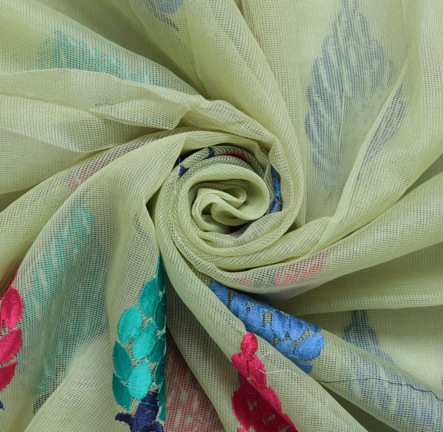 Sushila Vintage Light Green Saree Pure Cotton Kota Doria Embroidered Sari Fabric