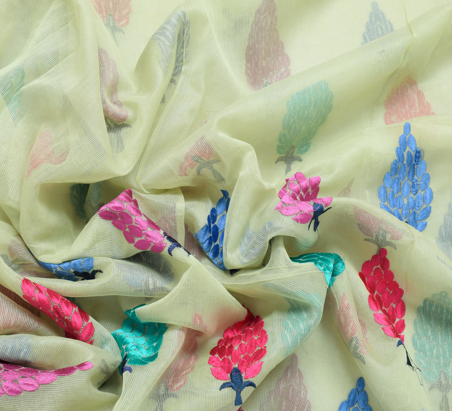 Sushila Vintage Light Green Saree Pure Cotton Kota Doria Embroidered Sari Fabric
