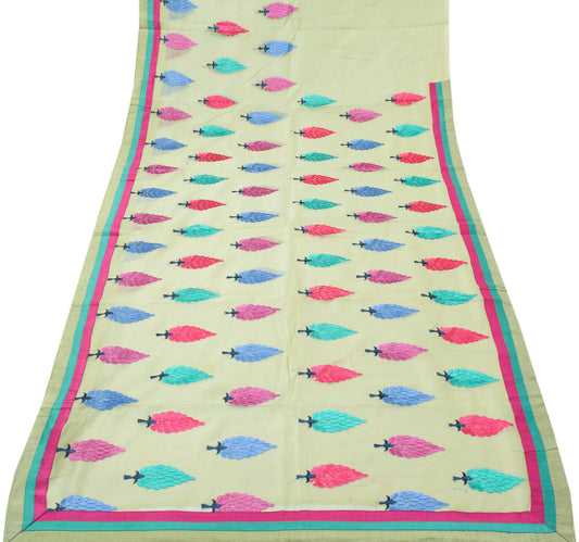 Sushila Vintage Light Green Saree Pure Cotton Kota Doria Embroidered Sari Fabric