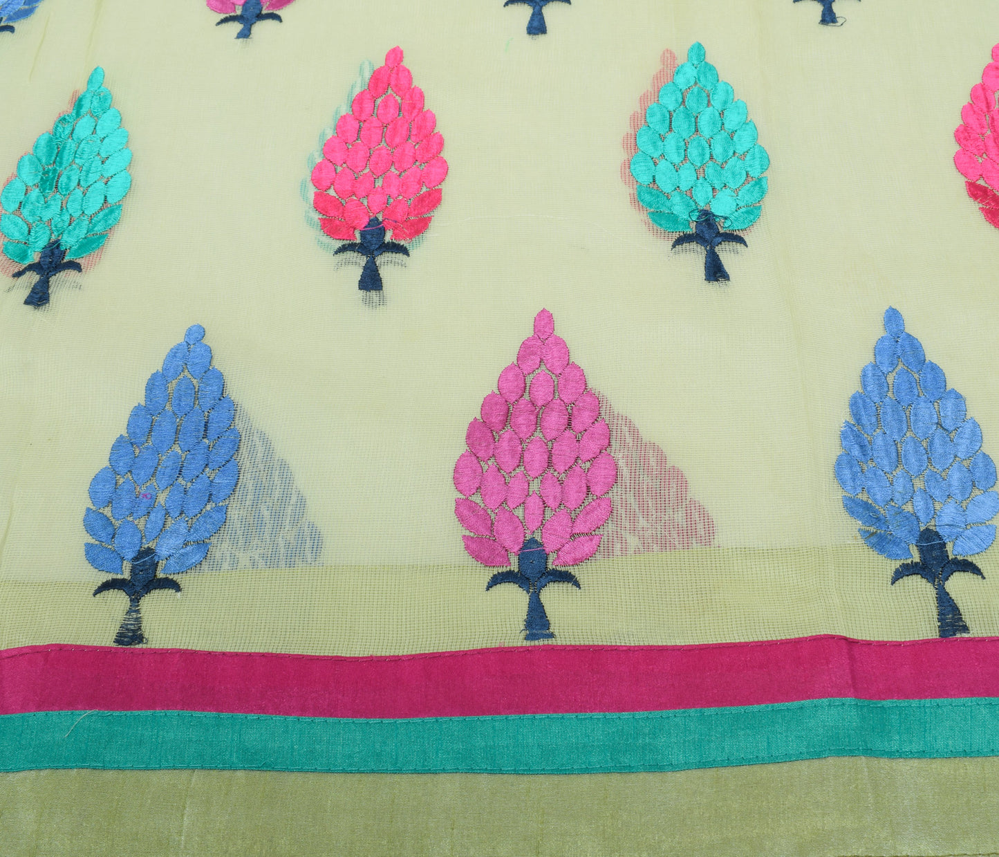 Sushila Vintage Light Green Saree Pure Cotton Kota Doria Embroidered Sari Fabric