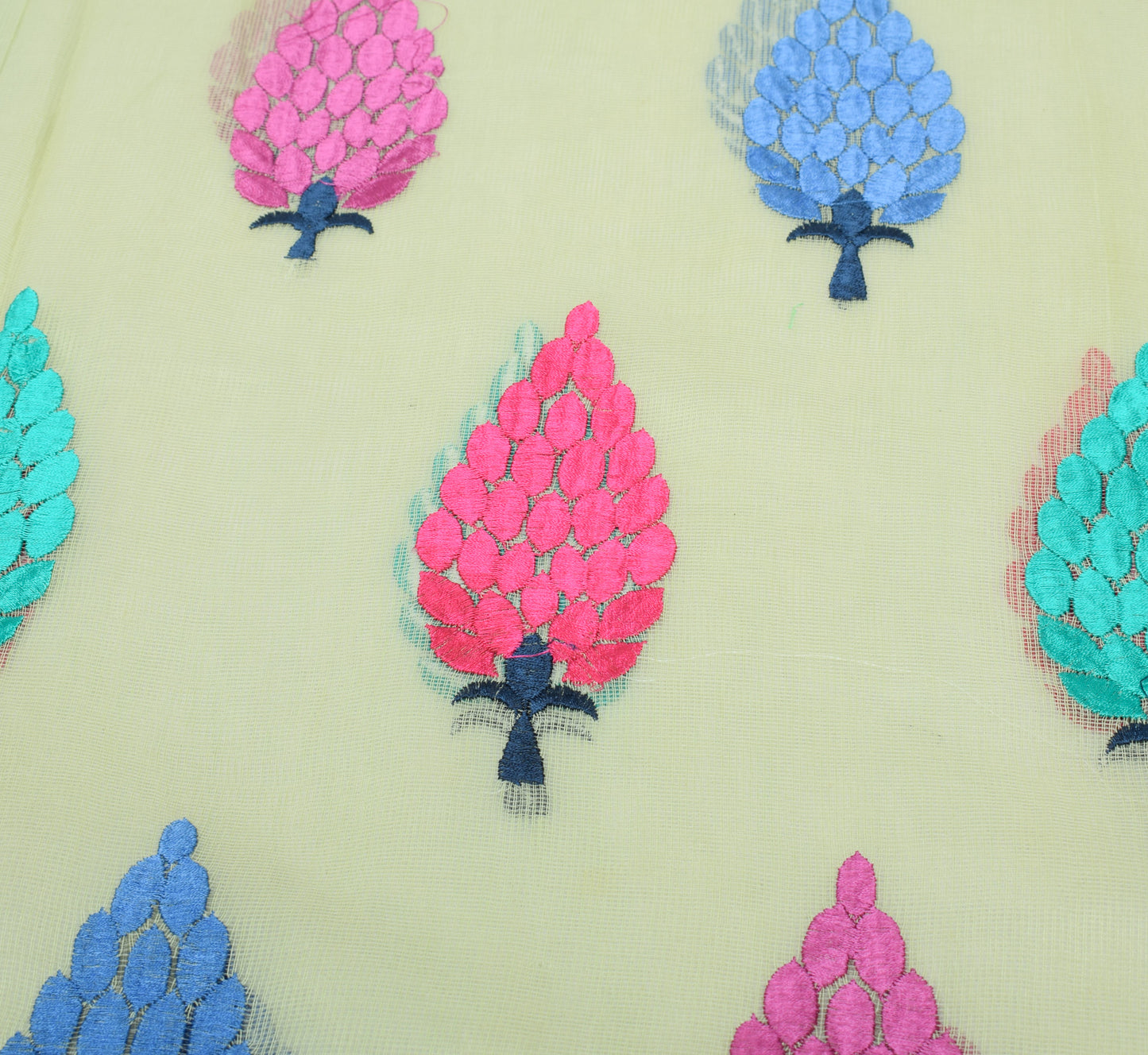 Sushila Vintage Light Green Saree Pure Cotton Kota Doria Embroidered Sari Fabric