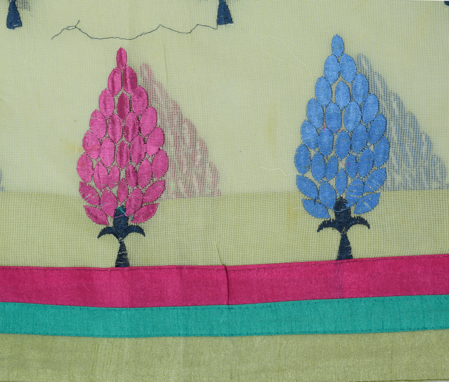 Sushila Vintage Light Green Saree Pure Cotton Kota Doria Embroidered Sari Fabric