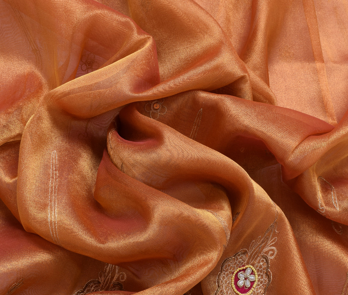 Sushila Vintage Golden Sari Blend Tissue Silk Embroidered Hand Beaded 5Yd Fabric