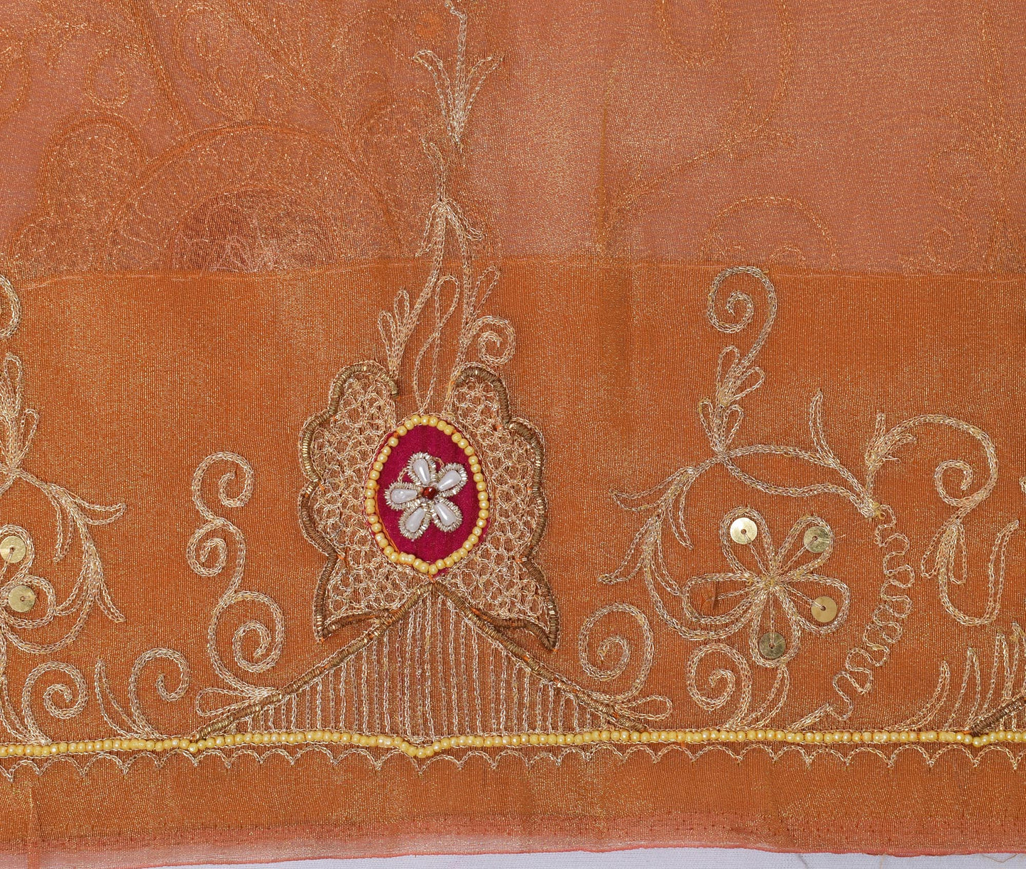 Sushila Vintage Golden Sari Blend Tissue Silk Embroidered Hand Beaded 5Yd Fabric