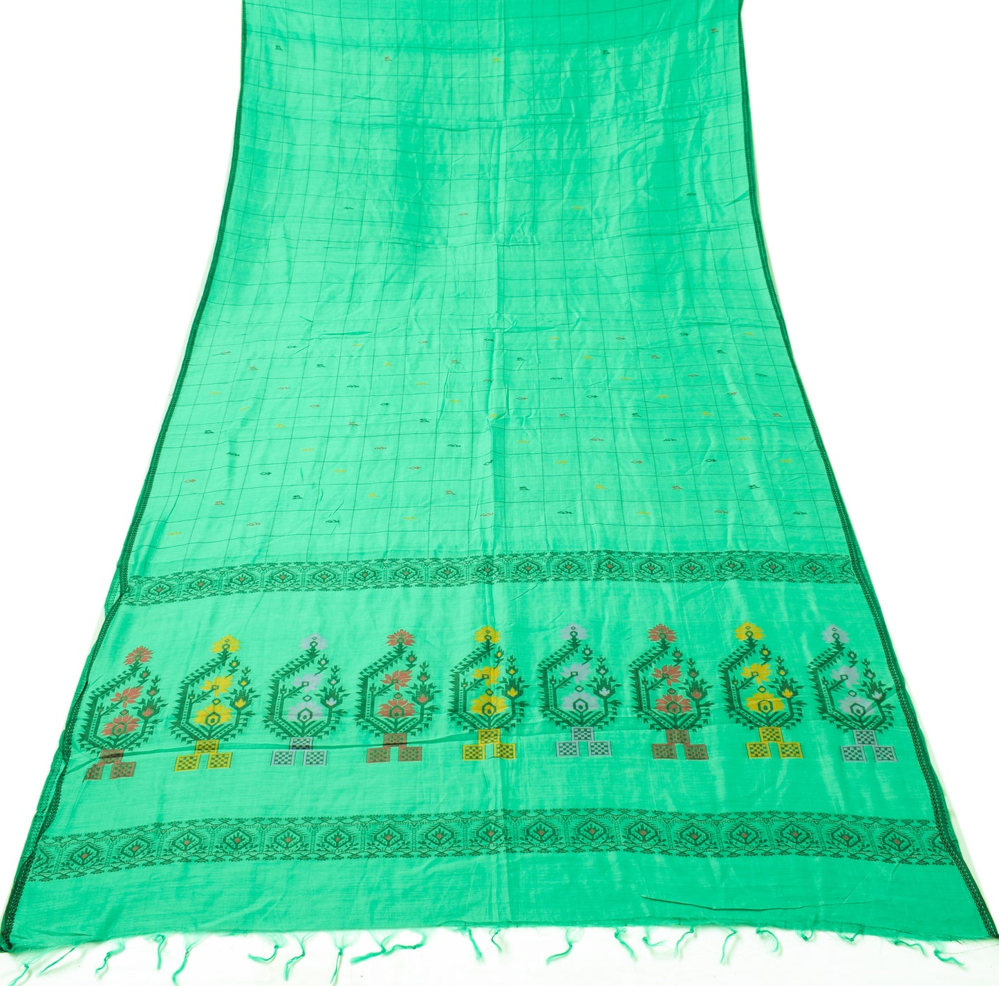 Sushila Vintage Aqua Green Saree 100% Pure Cotton Woven Floral Soft Sari Fabric