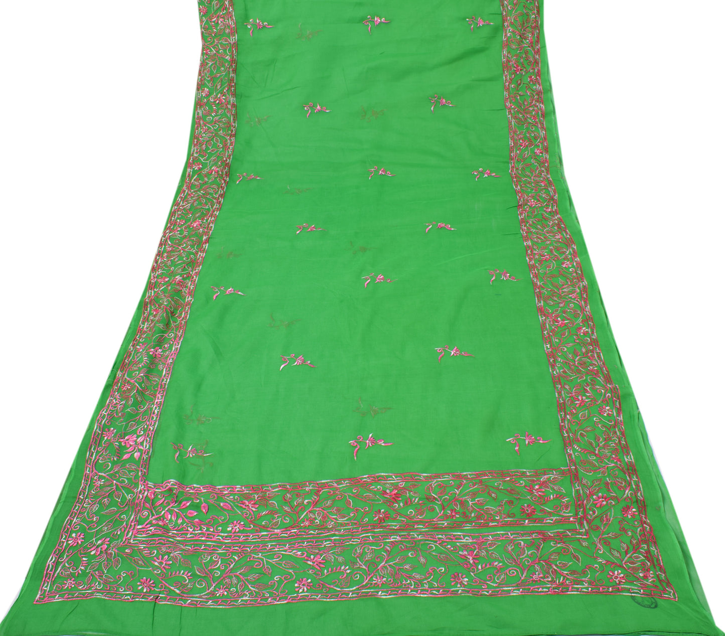 Sushila Vintage Green Saree 100% Pure Cotton Pink Floral Embroidered Sari Fabric