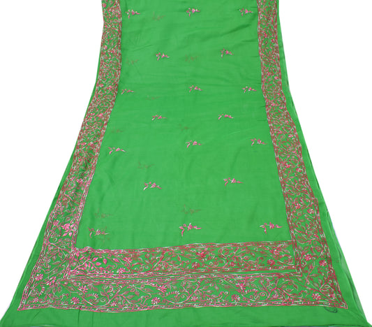Sushila Vintage Green Saree 100% Pure Cotton Pink Floral Embroidered Sari Fabric