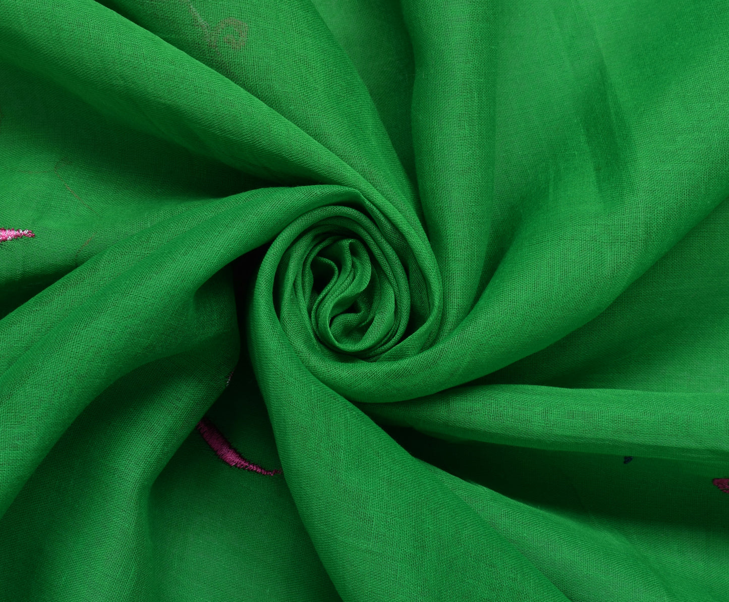 Sushila Vintage Green Saree 100% Pure Cotton Pink Floral Embroidered Sari Fabric