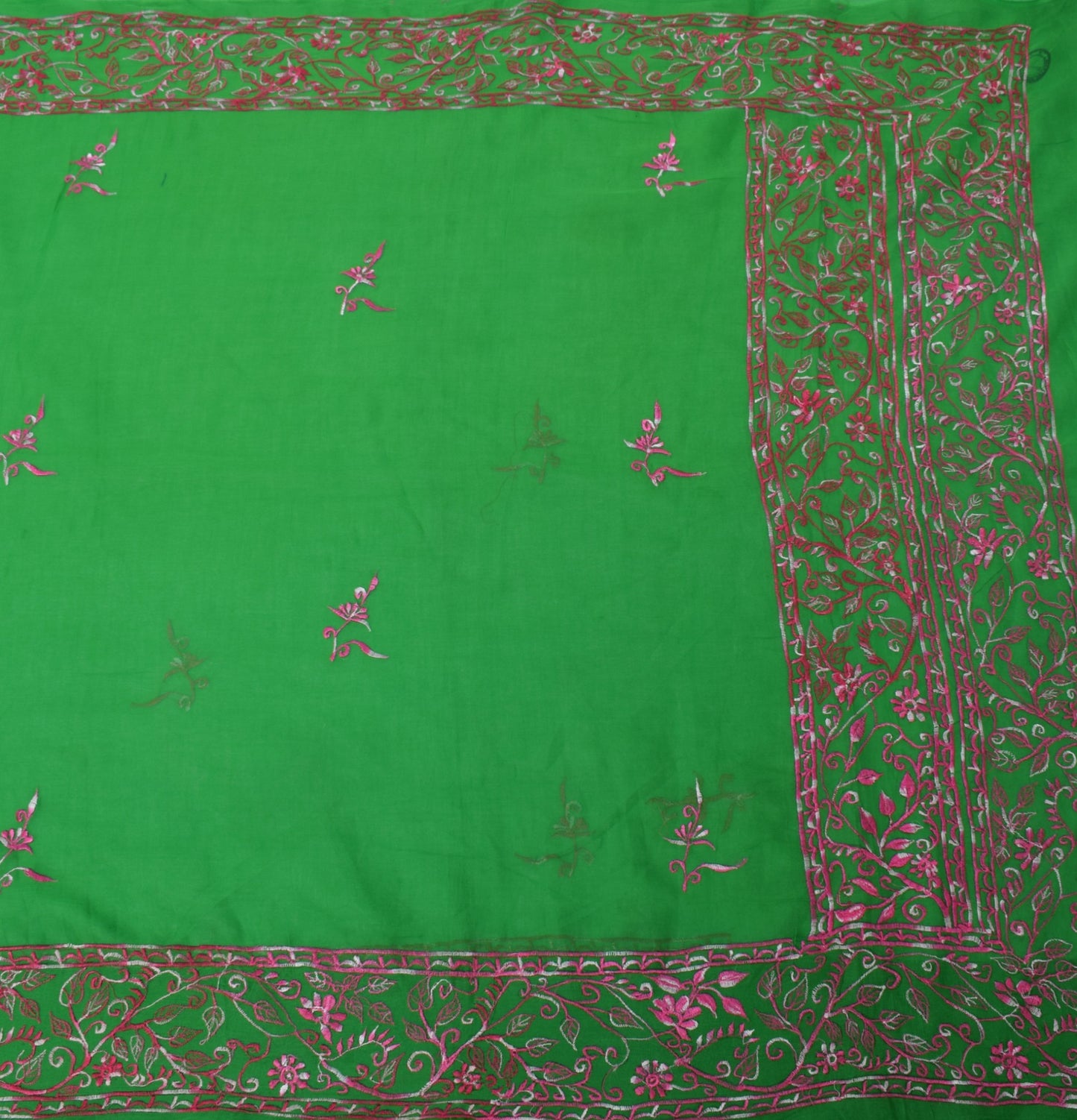 Sushila Vintage Green Saree 100% Pure Cotton Pink Floral Embroidered Sari Fabric