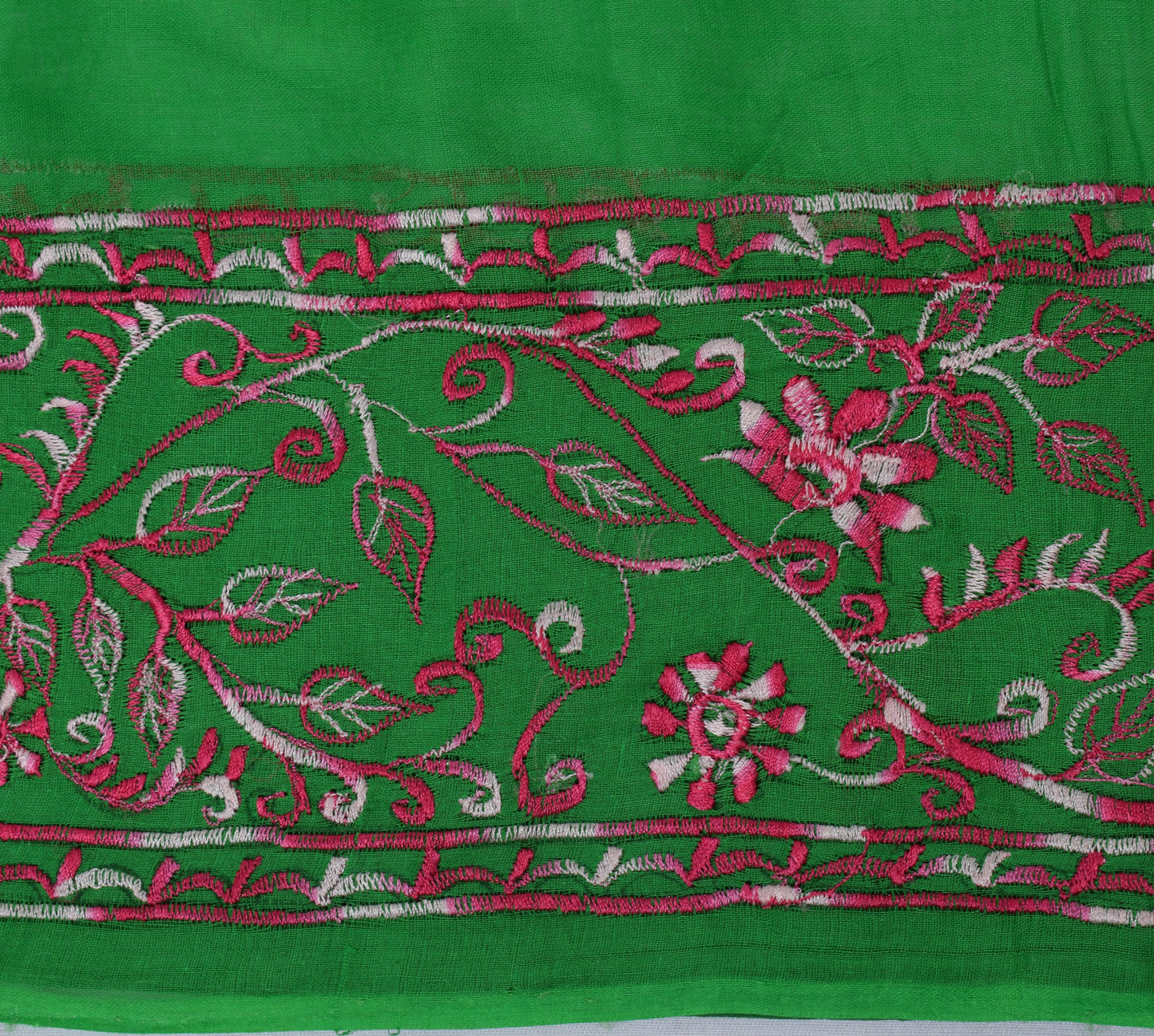 Sushila Vintage Green Saree 100% Pure Cotton Pink Floral Embroidered Sari Fabric