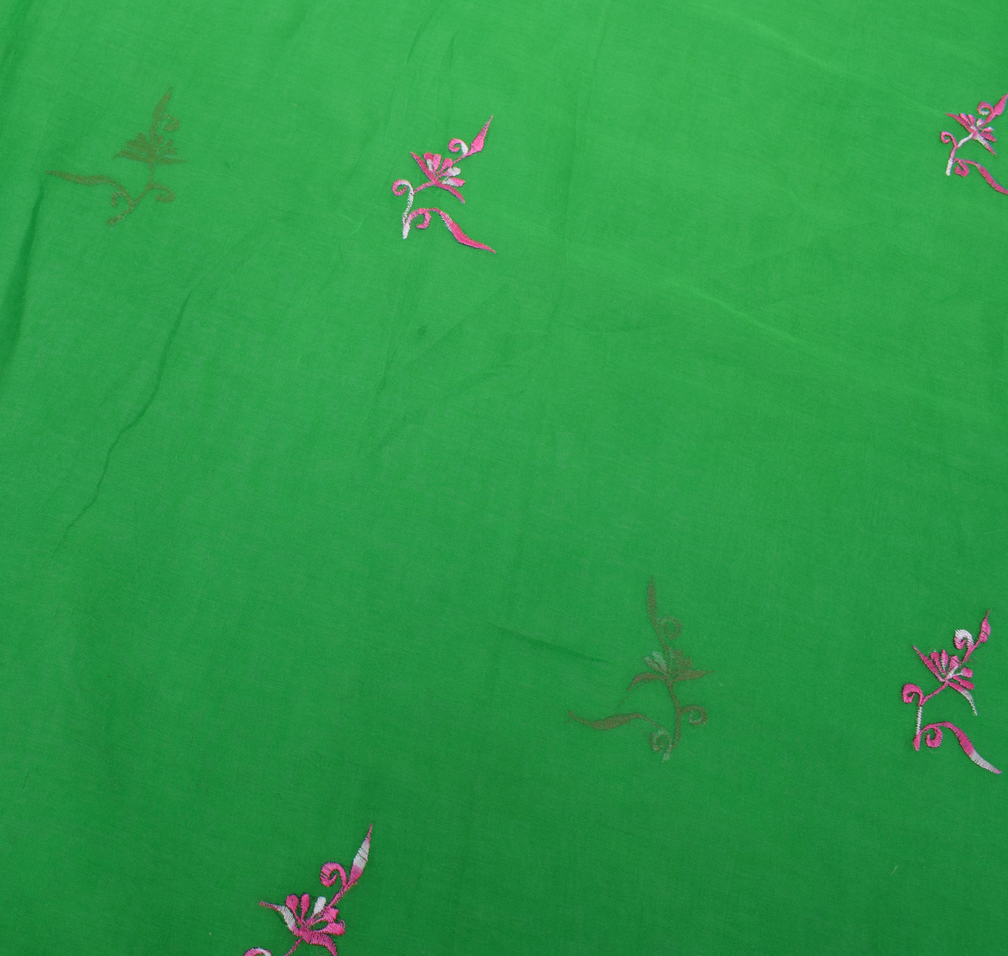 Sushila Vintage Green Saree 100% Pure Cotton Pink Floral Embroidered Sari Fabric