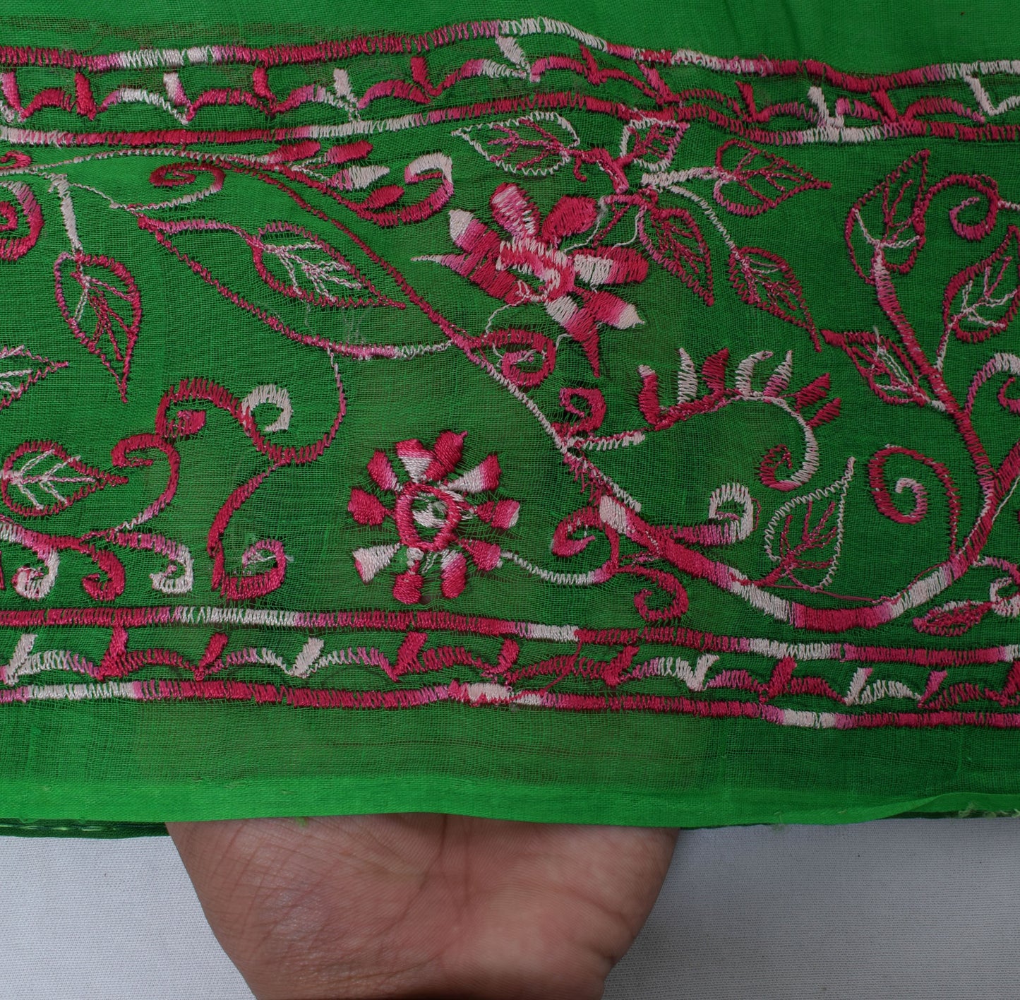 Sushila Vintage Green Saree 100% Pure Cotton Pink Floral Embroidered Sari Fabric