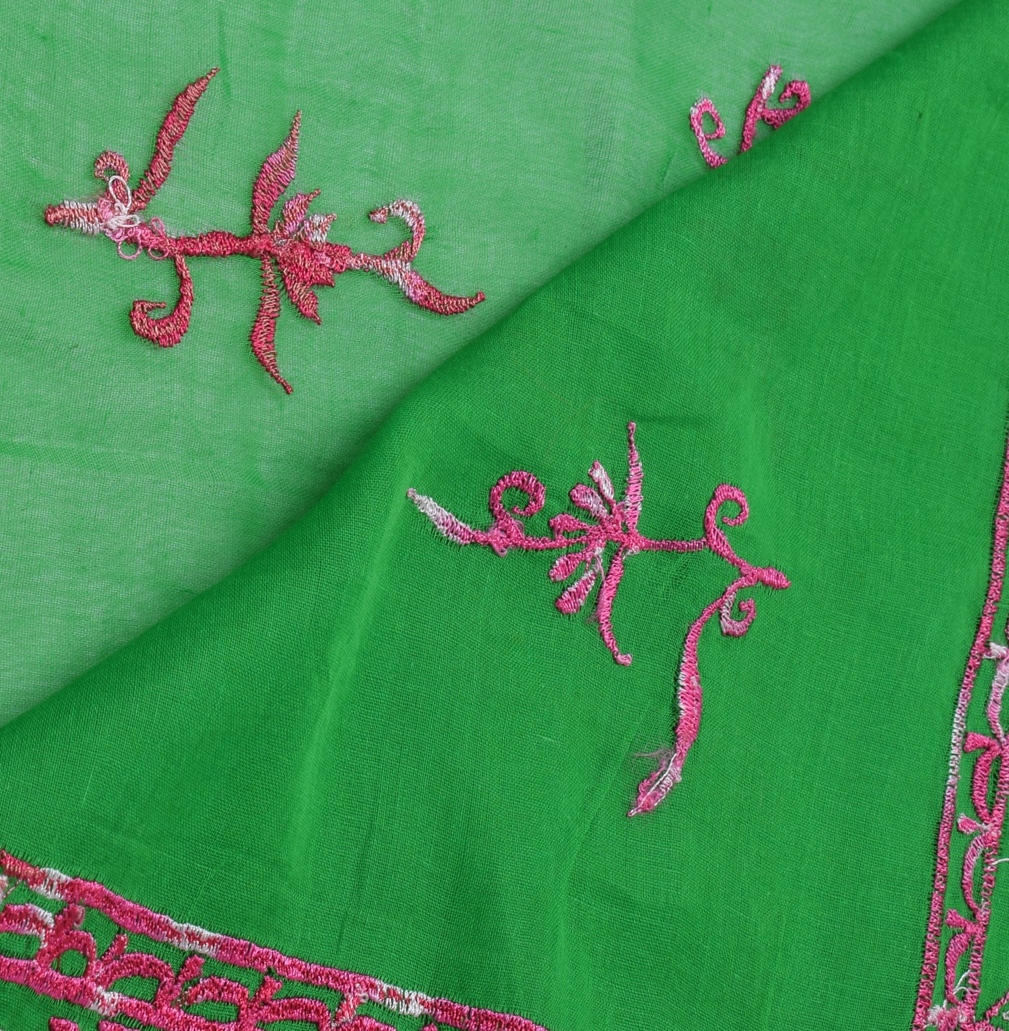 Sushila Vintage Green Saree 100% Pure Cotton Pink Floral Embroidered Sari Fabric
