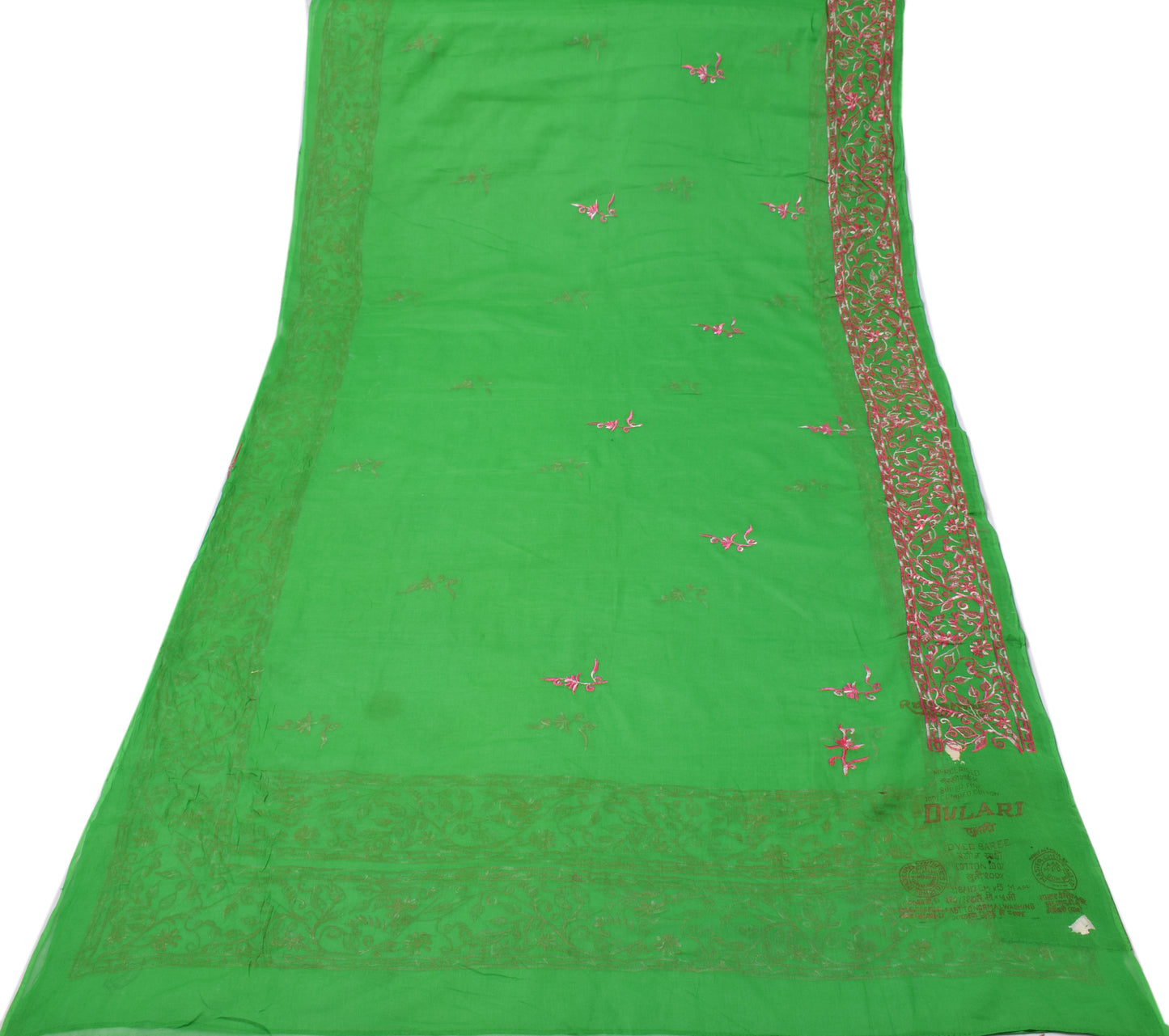 Sushila Vintage Green Saree 100% Pure Cotton Pink Floral Embroidered Sari Fabric