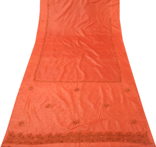 Sushila Vintage Orange Saree Puree Tussar Silk Embroidered Floral Sari Fabric