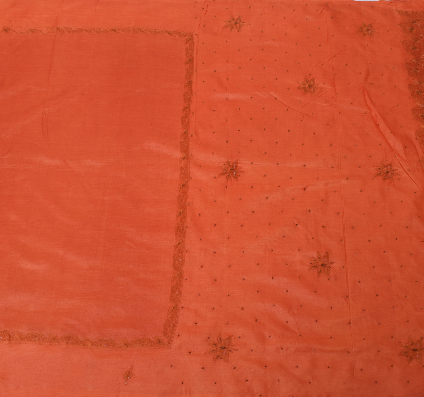 Sushila Vintage Orange Saree Puree Tussar Silk Embroidered Floral Sari Fabric