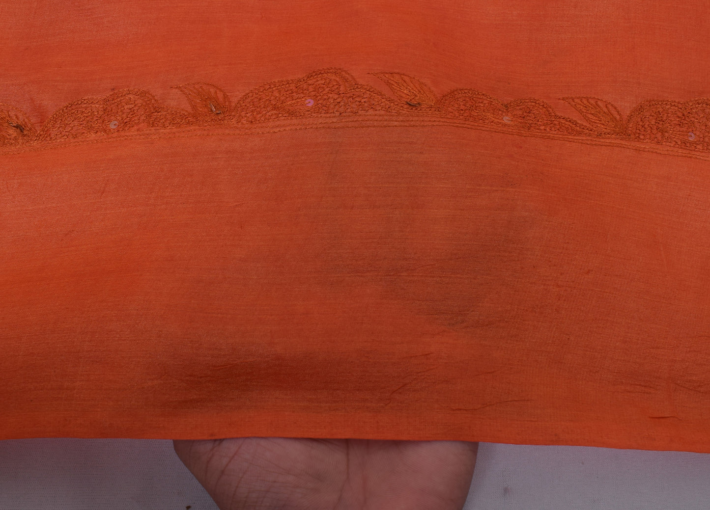 Sushila Vintage Orange Saree Puree Tussar Silk Embroidered Floral Sari Fabric