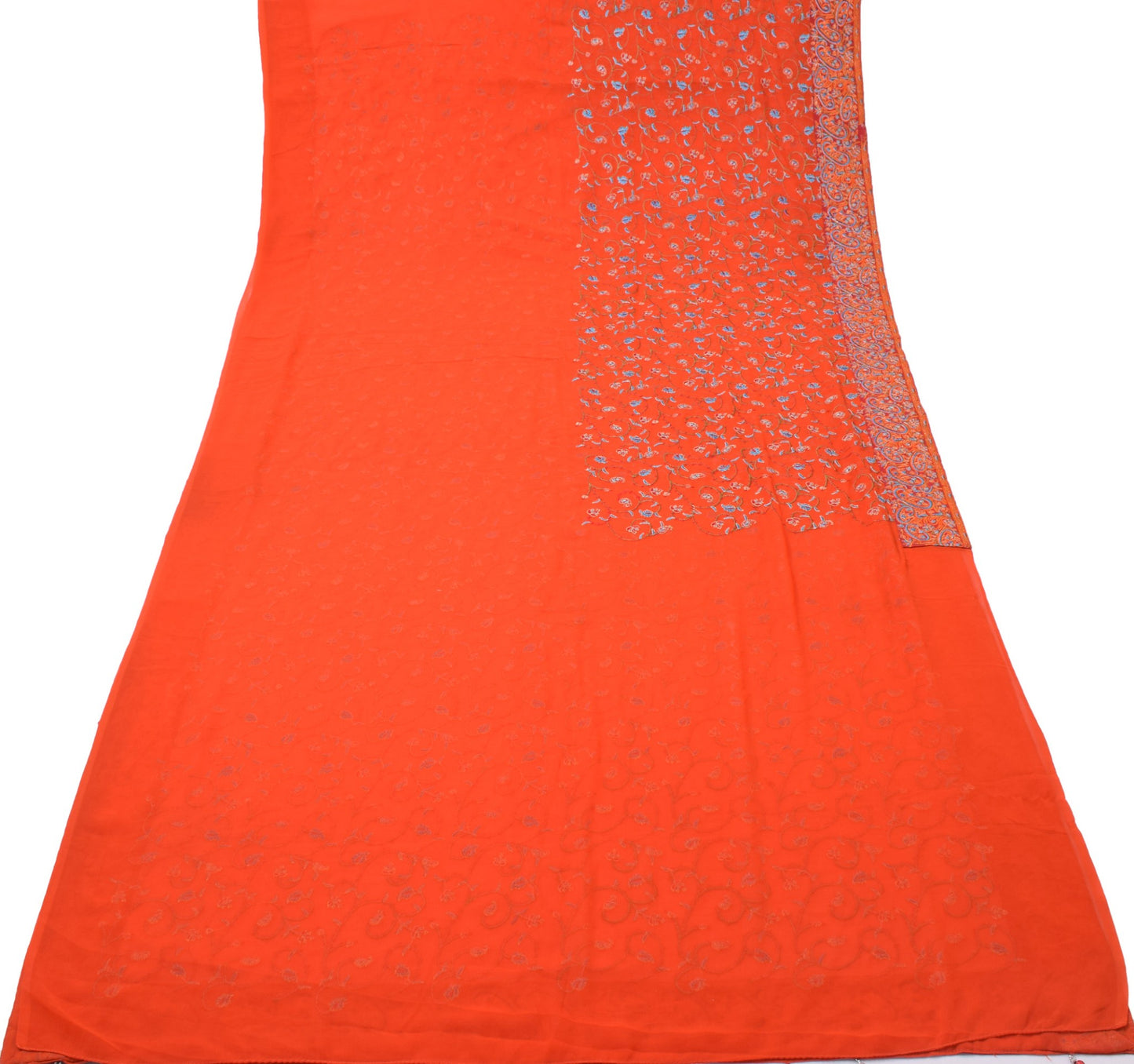 Sushila Vintage Orange Saree Art Georgette Silk Embroidered HEAVY Sari Fabric