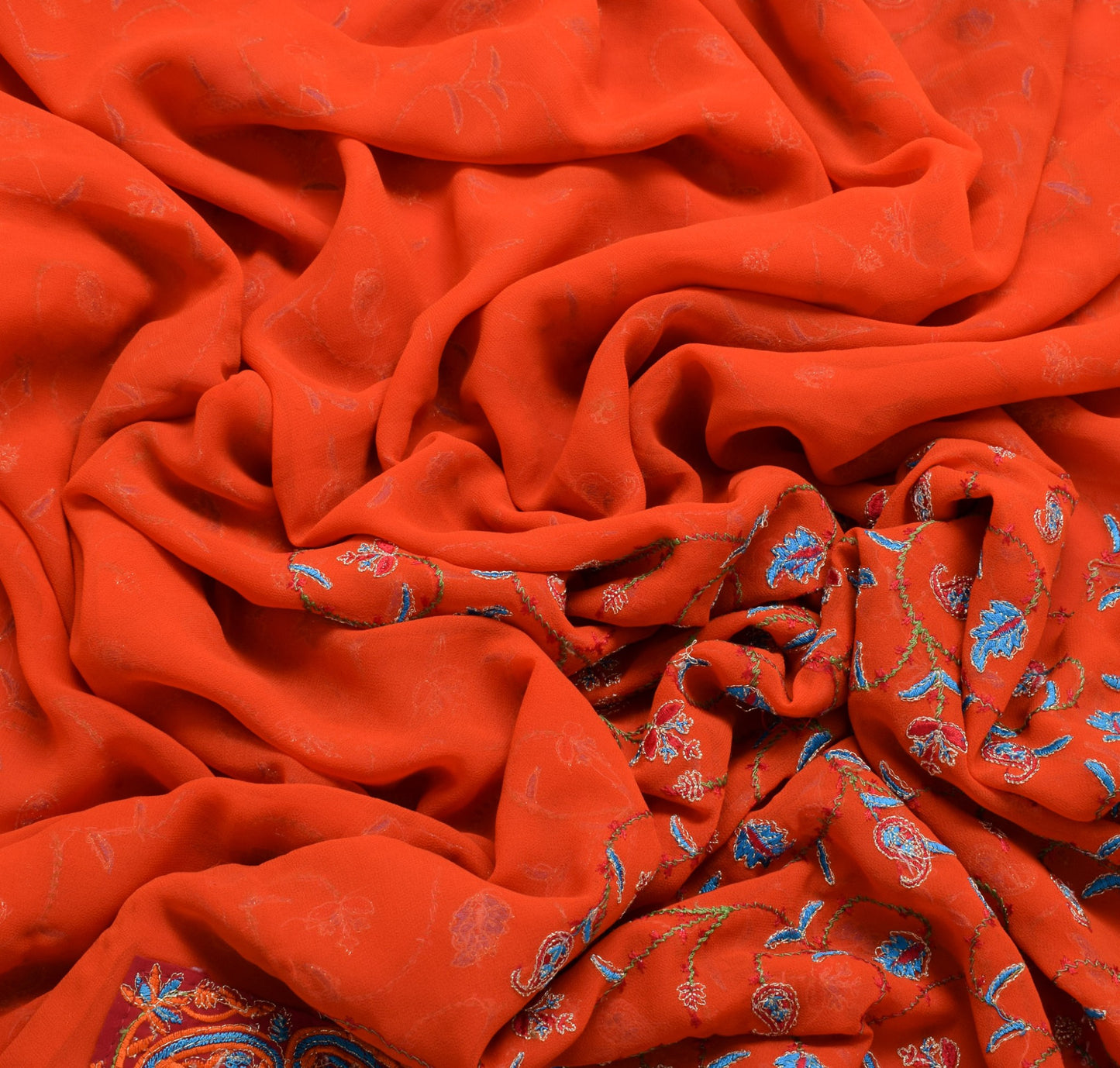 Sushila Vintage Orange Saree Art Georgette Silk Embroidered HEAVY Sari Fabric