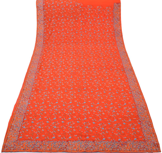 Sushila Vintage Orange Saree Art Georgette Silk Embroidered HEAVY Sari Fabric