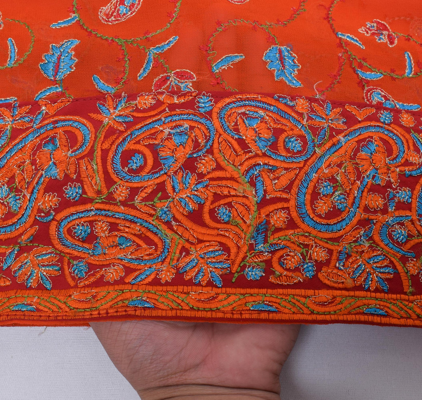 Sushila Vintage Orange Saree Art Georgette Silk Embroidered HEAVY Sari Fabric