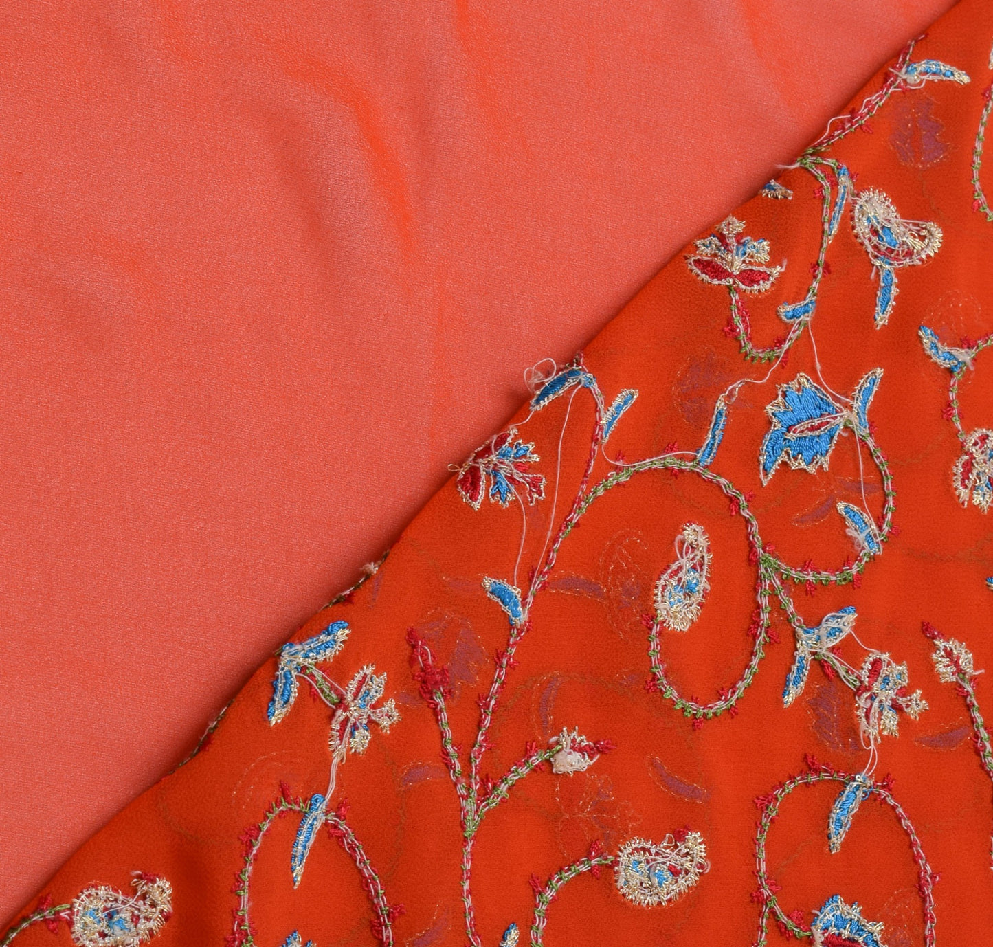 Sushila Vintage Orange Saree Art Georgette Silk Embroidered HEAVY Sari Fabric