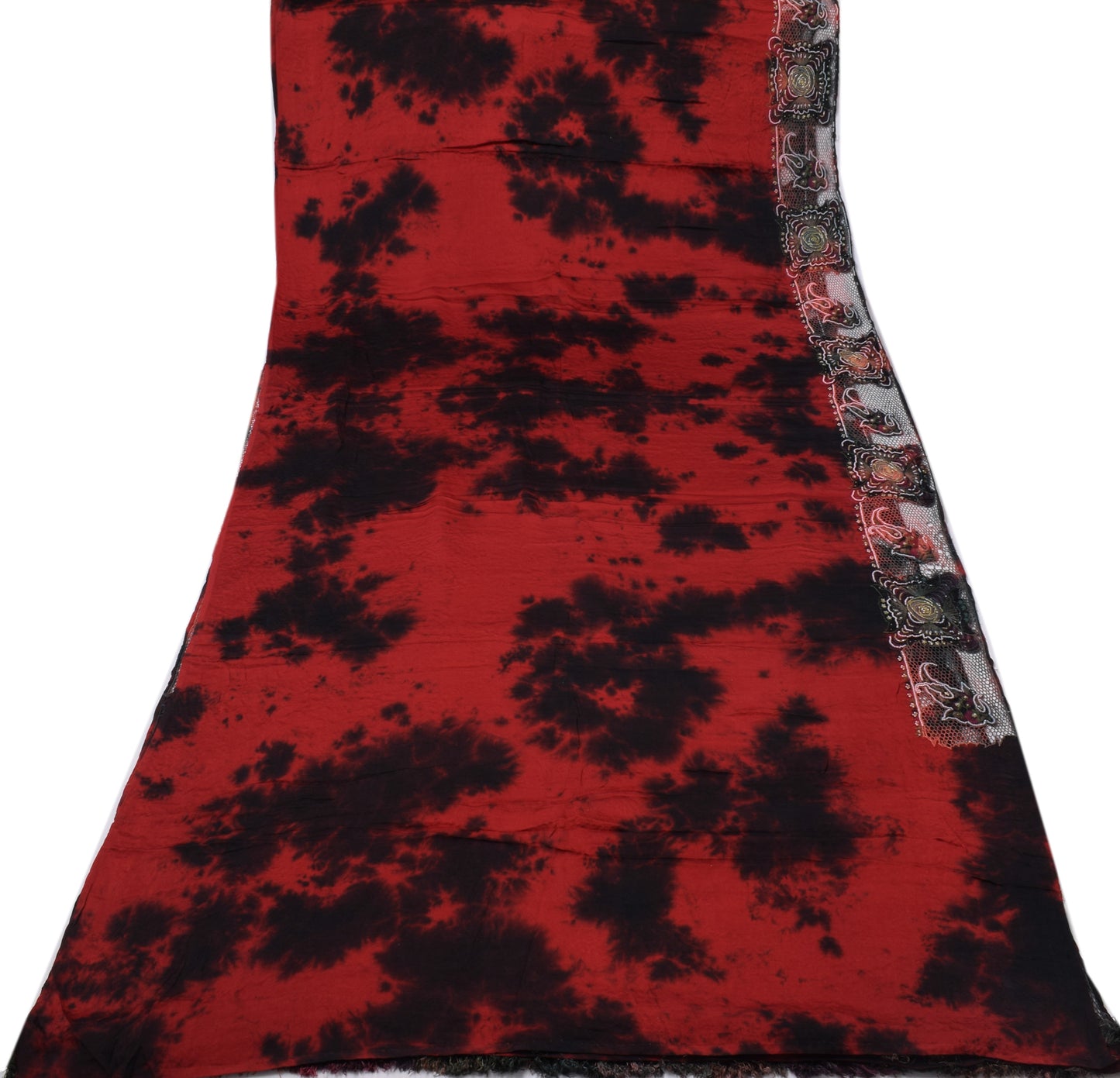 Sushila Vintage Maroon Tie-Dye Saree Pure Satin Hand Beaded HEAVY Sari Fabric