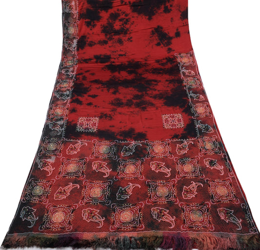 Sushila Vintage Maroon Tie-Dye Saree Pure Satin Hand Beaded HEAVY Sari Fabric