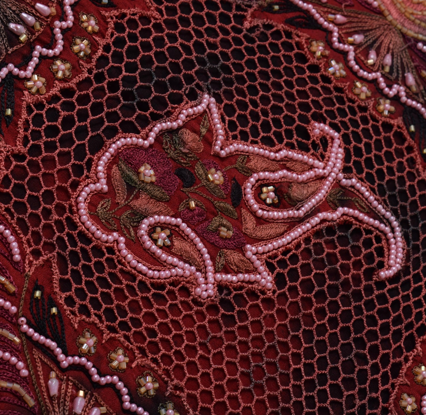 Sushila Vintage Maroon Tie-Dye Saree Pure Satin Hand Beaded HEAVY Sari Fabric